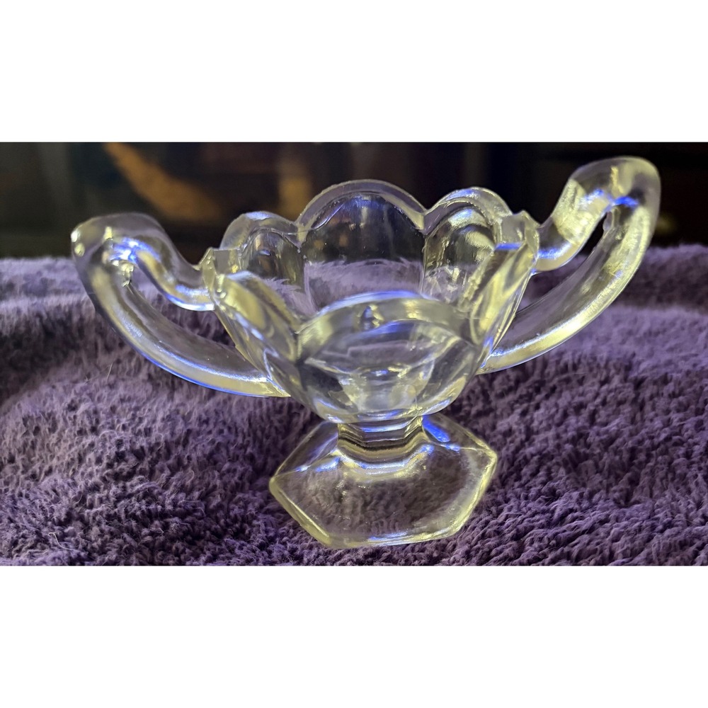Vintage Clear Pressed Glass Mini Sugar Bowl Double Handle Scalloped Pedestal